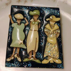 Vintage Lucinda Woman Brooch Pin Three Sisters All Dressed High Heels Hats Night